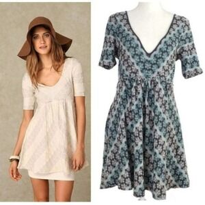 Free People Women's V-Neck Boho Fit & Flare Tunic Dress Blue Brown Size Large